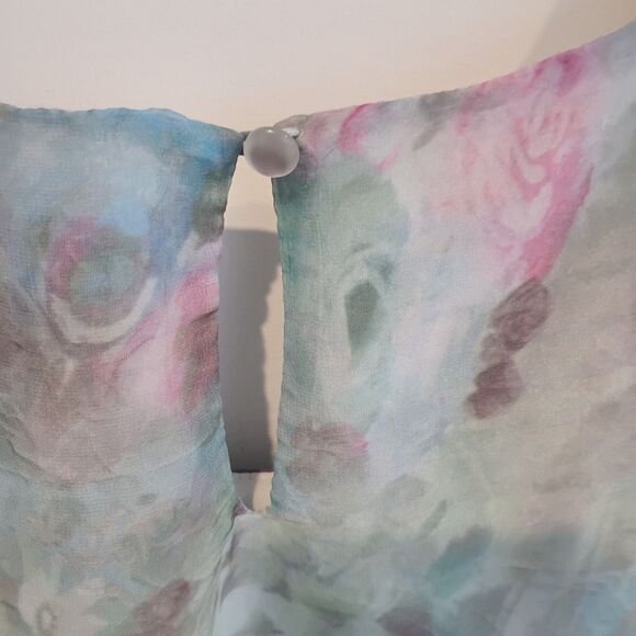 Chiffon Summer Dress Midi Sz M Pastel Watercolor Floral Roses Sleeveless Flowy - Picture 2 of 9